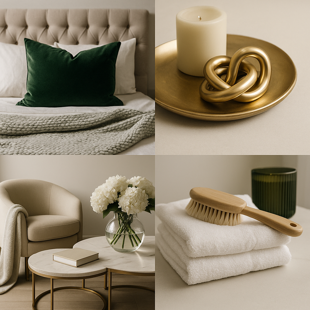 Soft luxury home decor styled with warm neutrals, layered textures, minimal accessories, and elevated details for a calm, refined interior.