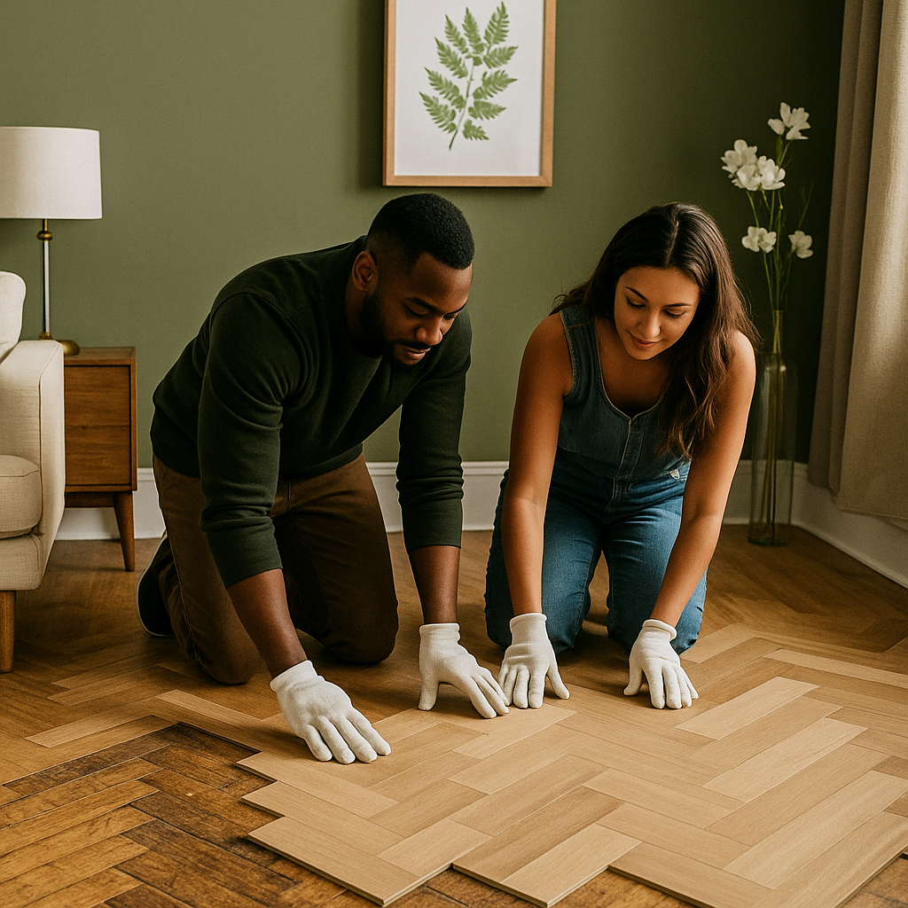 Easy DIY home upgrades in progress, featuring hands-on flooring installation and simple improvements that elevate everyday living spaces