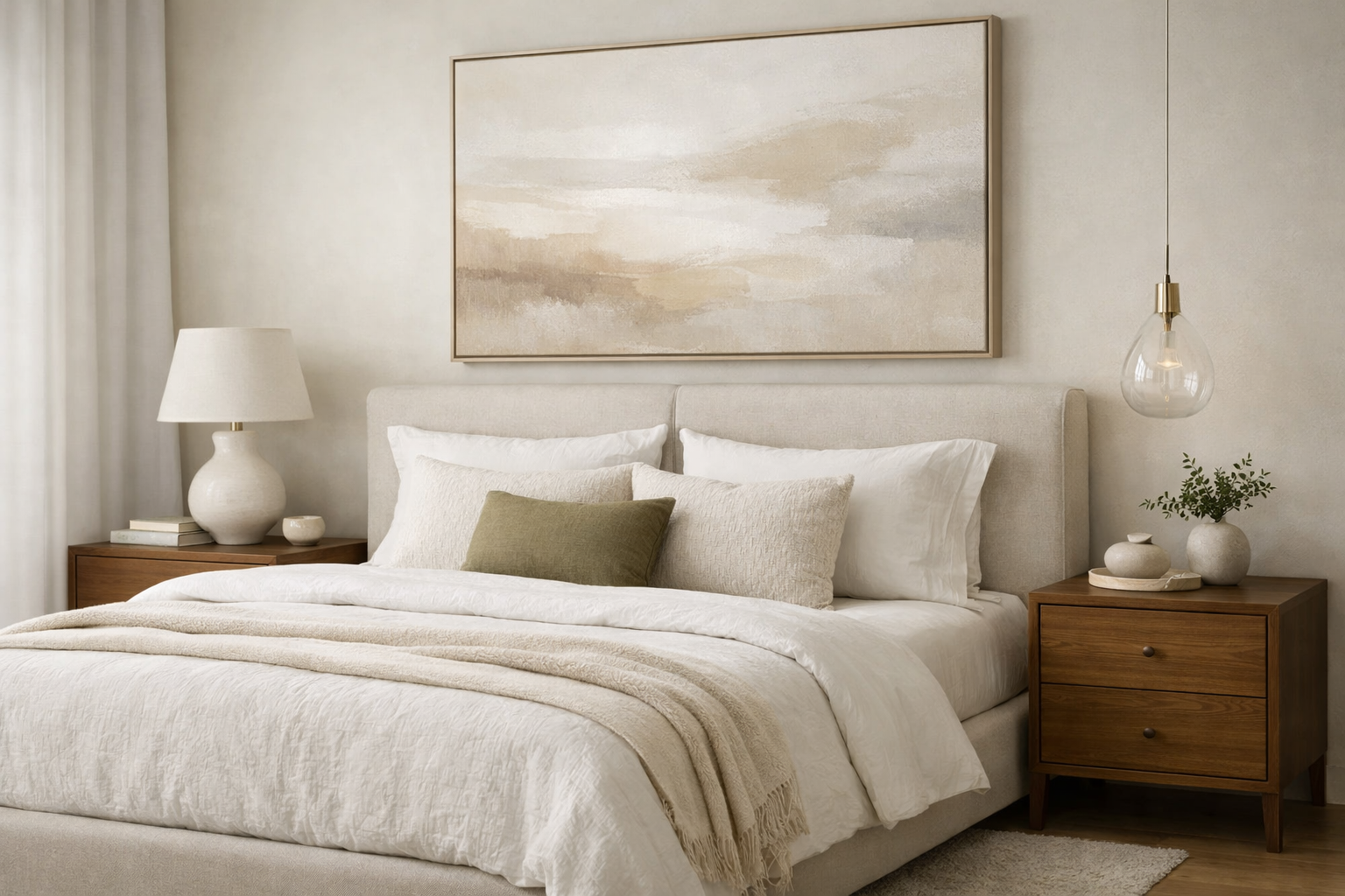 Soft luxury bedroom featuring a full bed with neutral layers, olive green accent pillow, wall sconces, sheer curtains, bedside books, candles, and plants in a calm, airy space.