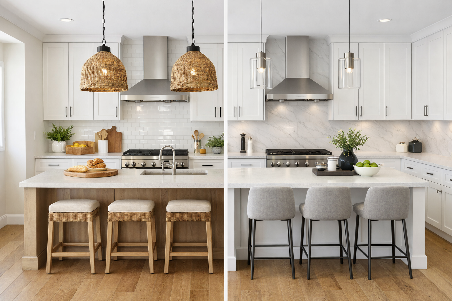 Split-view kitchen showing a subtle before-and-after upgrade. The left side features a neutral kitchen with woven pendant lights, light wood stools, and minimal styling. The right side shows the same kitchen elevated with modern glass pendants, upholstered stools, refined decor, and cleaner finishes. Warm wood floors, white cabinetry, and soft natural light create a calm, modern, and softly luxurious atmosphere.