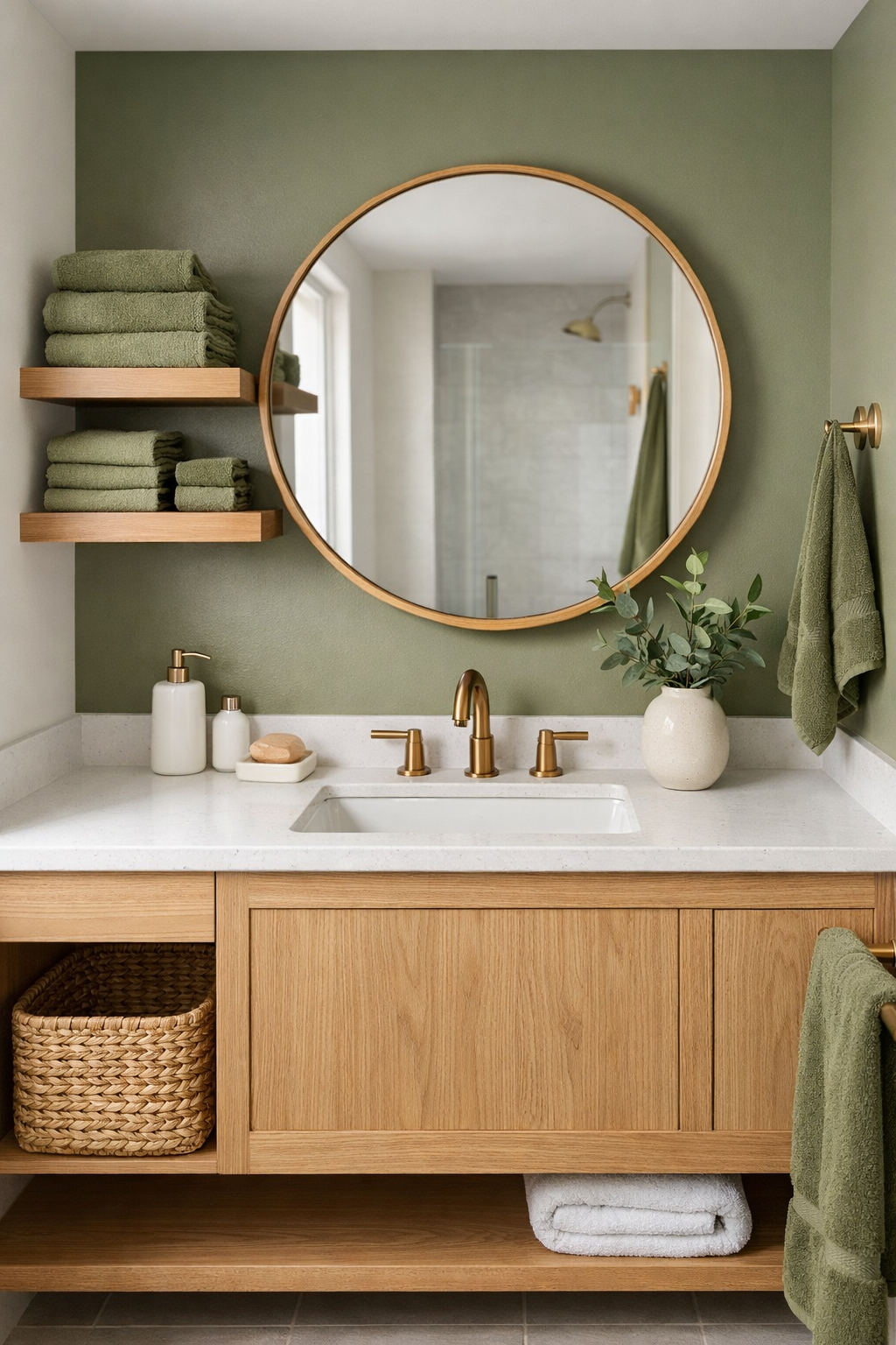 Soft luxury bathroom with sage green walls, wood vanity, brass fixtures, and minimalist styling.